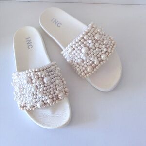 INC pearl embellished pool slides